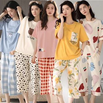 100% Bavlna, Krátky Rukáv Teľa Dĺžka Pajama Sady pre Ženy Lete kórejský Tlač Sleepwear Vyhovovali oblečenie pre voľný čas Pijama Mujer Domáce Oblečenie