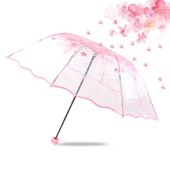 1pcs Transparentný Dáždnik Multicolor Jasné, Cherry Blossom Sakura 3 Násobne Dáždniky Tvorivé Dlho-rukoväť Skladacia Domov Dážď zariadenia