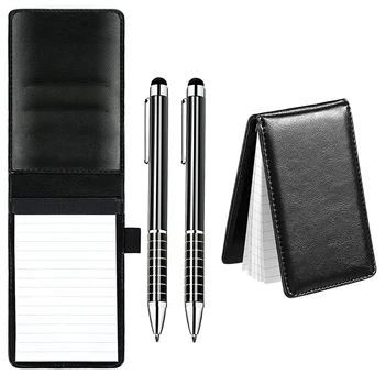 2 Ks Čierne Mini Vrecko Na Poznámkový Blok Pu Business Notebook Poznámkový Blok Multi-Funkčný Notebook S Perom S 50 Listov Linajkový