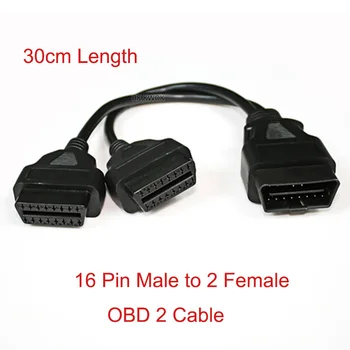 30 cm, 16 Pin OBD 2 Konektor Kábla Mužov Dual Žena OBD Kábel Y Typ Splitter Predlžovací Kábel Pre Auto Diagnostický Nástroj