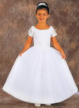 doprava zadarmo pre svadby 2015 prvé sväté prijímanie dievčatko vianočné sprievod plesové šaty, spp rukáv biele čipky kvetina dievča šaty