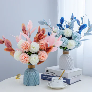 Falošné Kytice Hodvábne Kvety, Umelé Nordic Modré, Ružové A Eukalyptu Banda Stôl Dekor Loptu Púpava Kvet Domov Záhradné Dekorácie