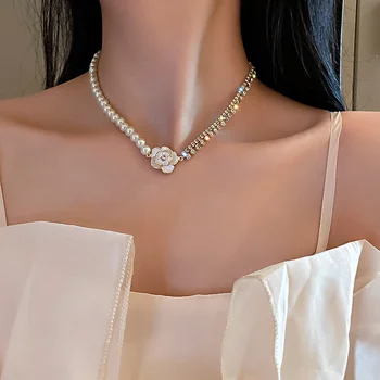 Klasický Biely Kvet Crystal Choker Náhrdelníky pre Ženy Pearl Reťazca Drahokamu Náhrdelníky Svadby Šperky