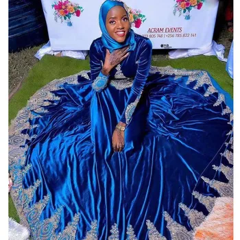 Kráľovská Modrá Moslimských Velvet Svadobné Šaty Čipky Appliques Vestido De Noiva Celý Rukáv Arabčina Dubaj Svadobné Šaty