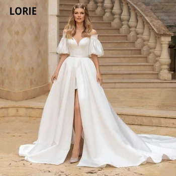 LORIE Vintage Svadobné Šaty Milú mimo Ramenný Saténové Krátke Lístkového Rukávy Boho Nevesta Šaty 2021 vestidos de novia