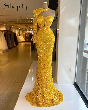 Luxusný Sexy Morská Panna Jeden Dlhý Rukáv Korálky Sequin Zlato Africkej Ženy Formálne Dlhé Večerné Šaty 2022