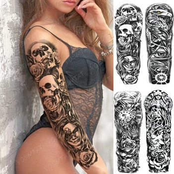Nepremokavé Dočasné Plný Arm Tattoo Nálepky Lebky Mníška Flower Clock Flash Tetovanie Žena Sexy Body Art Veľké Falošné Rukáv Tatto Mužov
