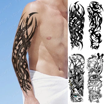 Nepremokavé Dočasné Plný Arm Tattoo Nálepky Plameň Totem Tŕnie Oko Hodiny Demon Flash Tetovanie Človeka Body Art Falošné Rukáv Tatto Ženy