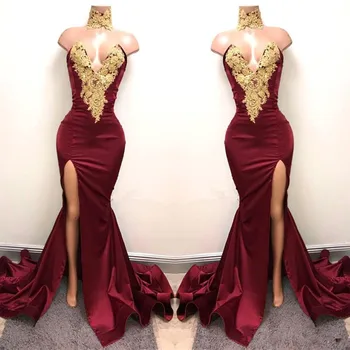 Nový Dizajn 2019 Sexy Burgundsko Prom Šaty so zlatým Čipky Appliqued Morská víla Predné Split Dlho Strany Večerné Šaty prom šaty