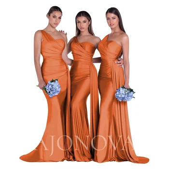 Orange Elegantné Saténové Šaty Jedno Rameno Šaty Bridesmaid, Šaty pre Družičky Morská víla Svadobný Hosť Žena Šaty Župan Strany