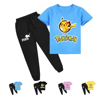 Pokémon Pikachu Módne Cartoon Chlapci a Dievčatá Príležitostné Letné Krátke rukávy T-tričko + Nohavice Vyhovovali Deti Módne Oblečenie pre Deti
