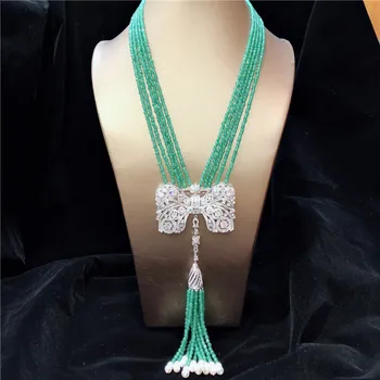 Ručne viazané viacvrstvových biele ušľachtilé prírodné sladkovodné perly zeleného kameňa micro vložkou zirkón strapec náhrdelník módne šperky