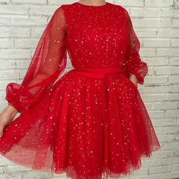 Thinyfull Sexy Červené Prom Šaty Elegantné Lístkového Rukáv Večer Party Šaty 2022 Star Tylu A-Line Mini Noc Koktejlové Šaty Plus Veľkosť