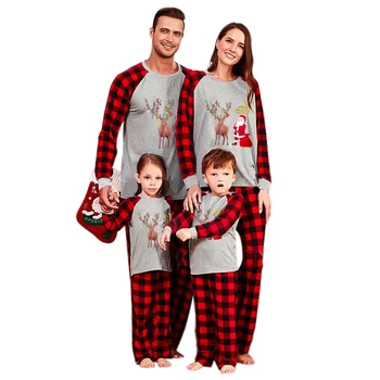 Vianočné Pyžamo, Oblečenie Sady Dlhý Rukáv Elk Tlač Topy + Kockované Nohavice Spánku Nosiť Oblečenie na Vianoce Rodine Zodpovedajúce Oblečenie