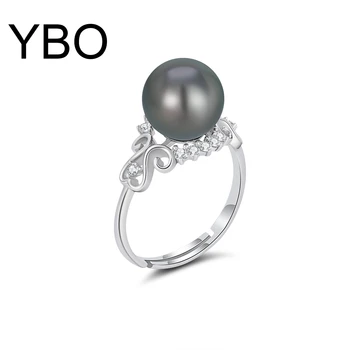 YBO Očarujúce 9MM Prírodné Tahitian Black Pearl Vložkou 925 Sterling Silver Nastaviteľné Krúžky Žien Luxusné Výročie Narodeninám