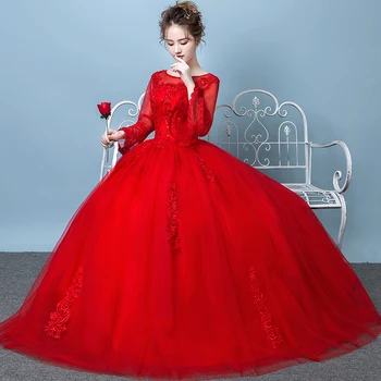 Červené Svadobné Šaty V Štýle Guľové Šaty Nevesta Dlhý Rukáv Čipky Svadobné Šaty Plus Veľkosť Princezná Dressess Vestidos De Novia