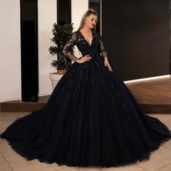 Čierne Svadobné Šaty Sequin Čipky Appliques Svadobné Party Šaty s Dlhým Rukávom Krajky-up-Princezná Vestidos De Noiva