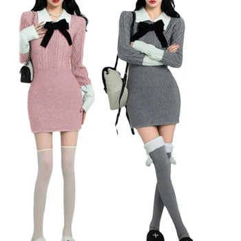 2023 Jeseň Pletené Svetre Šaty Elegantné Ženy Y2k Mini Šaty Žena Kawaii Oblečenie Čisté Farieb, Jeden Kus Oblečenia Kórejský Móda