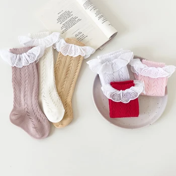 3-24M Baby Girl je Priedušný Oka Ponožky Batoľa Detská Kontrast Farieb Čipky Prehrabať Anti-Slip Stredné Trubice Ponožky pre Jar Leto
