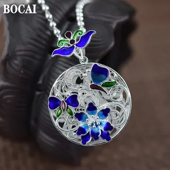 BOCAI Nové 100% 990 Strieborné Šperky Accessorie Cloisonne Filigránske Lotus Motýľ Sveter Reťazca Ručné Prívesok Žien Náhrdelník