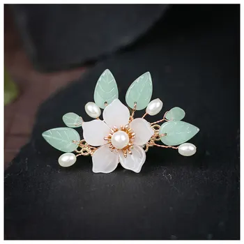 Crystal Kvet Vlásenky Shiny Pearl White Kvetinový Zelené Listy Vlasy Bočné Klipy pre Ženy, Doplnky do Vlasov