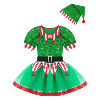 Deti, Dievčatá Christmas Elf Cosplay Kostýmy Maškarný Party hranie Rolí Uniformy Flitrami Pompoms Zdobili Oka Tutu Šaty s Klobúkom