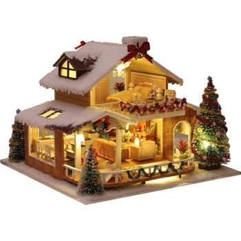 DIY domček pre bábiky Miniatúrne Drevené Vianoce, Karneval, Budova Model Zostavený domček pre bábiky s Nábytkom Pre Deti Deti Vianočné Darčeky