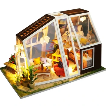 Doll House Furnitures Nastaviť Diy 3D Drevené Miniaturas Zostaviť domček pre bábiky Hračky pre Deti Narodeninám