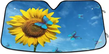 Dussdil Kvitne Slnečnice Motýle čelného skla Slnečníky Kvety Modrej Oblohe Slnko Odtiene Reflexná UV Protector Udržať C
