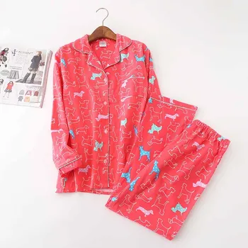 Jeseň Nové Dámske Pyžamo Nastaviť Cartoon Vytlačené Rose Červené Pohodlie Plný Bavlny 2ks Sleepwear Zase dole Golier oblečenie pre voľný čas Bežné Nosenie