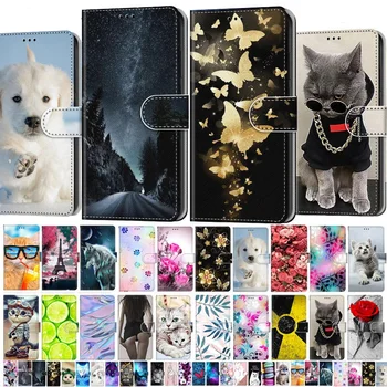 Kožené Flip Telefón puzdro Pre Samsung Galaxy M02 M02S M01 M11 M31 M12 Kvet Cute Cat Maľované Peňaženky Karty Držiteľa Stojan Knižné