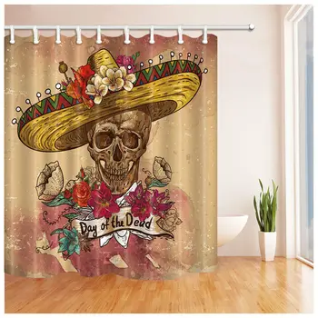 Mexiko Mŕtvych Deň Lebky V Sombrero S Kvetmi Textílie Sprchový Záves