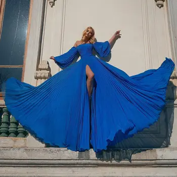 Modrá Ramena Šifón Večerné Šaty Sexy Vysoká Rozdeliť Dlho Nafúknuté Rukávy Prom Sprievod Party Šaty Župan De Soiree