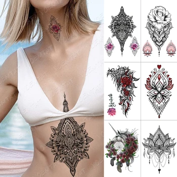 Nepremokavé Dočasné Tetovanie Nálepky Rose Lotus Flash Tetovanie Láska Henna Jednorožec Body Art Rameno Vody Prenos Falošné Tetovanie Ženy Muži
