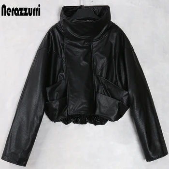 Nerazzurri Zips nadrozmerné ostrihané kožená bunda ženy, dlhý rukáv, Čierna lakovaná koža bundy pre ženy Oblečenie žien 2020