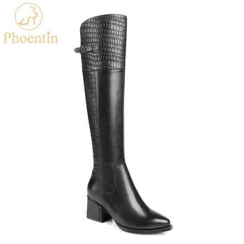 Phoentin pravej kože kolená vysoké topánky ženy 2019 bočné zip žena botičky námestie podpätky Razba vysoko kvalitné topánky FT812