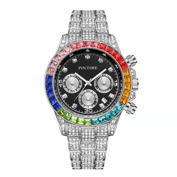 PINTIME Luxus Plný Diamant Hodinky Módne Bling Ľadový Von Farebné Dial Hip Hop, Rock Sledovať Business Analógové Náramkové hodinky z Nerezovej