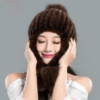 Prírodné noriek kožušiny klobúk dámy zimné hriva tkané teplé chrániče sluchu kórejský sladké roztomilý fox kožušiny loptu spp