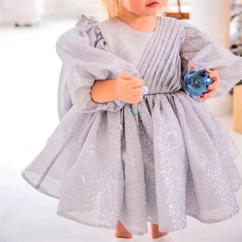 Sequin detské šaty princezná šaty 2022 nový luk lístkového rukáv dieťa narodeniny dievča klavírne móda