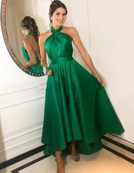 Smaragdovo Zelená Prom Šaty 2020 s uväzovaním za Backless Vysoká Nízka Záhybov Dlho Formálne Večerné Party Šaty pre Sweet 16 Plus Veľkosť vestidos