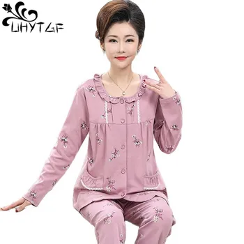 UHYTGF Ženy Jar Jeseň Pyžamo Módy Tlače Tenké Sleepwear Domáce Oblečenie Mama Pohodlné Voľné Veľkosť Odev 2 Kusy 2350