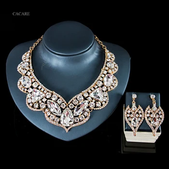 Vintage Šperky Sady Ženy Veľký Náhrdelník Náušnice Nastaviť Indickej Dubaj Zlaté Šperky F1135 Drahokamu Strany Šperky 5 Farieb CACARE