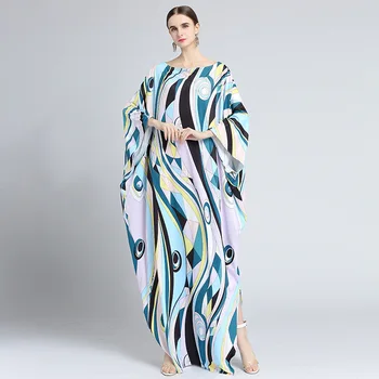 VKBN 2021 Letné Šaty Ženy Do Príležitostné Hodváb Dlho Batwing Rukáv Fashion Zelená Tlač Voľné Modrej Strany Maxi Šaty pre Ženy