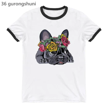 Vtipné Pugs Kvety Grafické Tlače T-Shirt dámske Oblečenie Harajuku Kawaii Milovník Psov Tričko Femme Letné Módne Tričko Žena